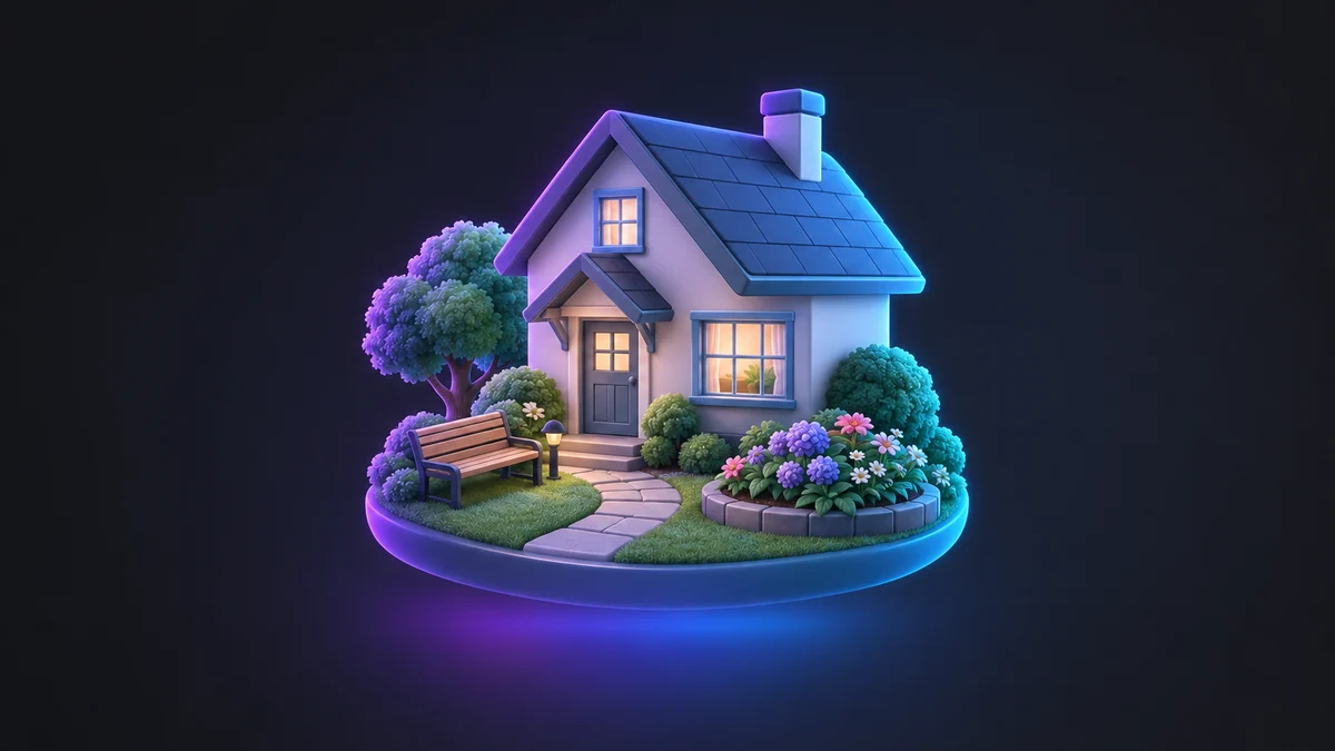 Illustration: a small house with lit windows, a garden bench, flower beds and a stone path, on a floating island of lawn.