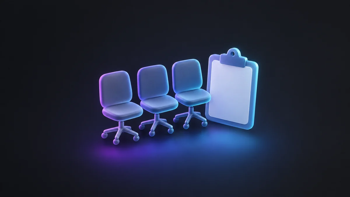 Illustration: three office chairs in a row beside a large blank clipboard, lit in purple and blue.