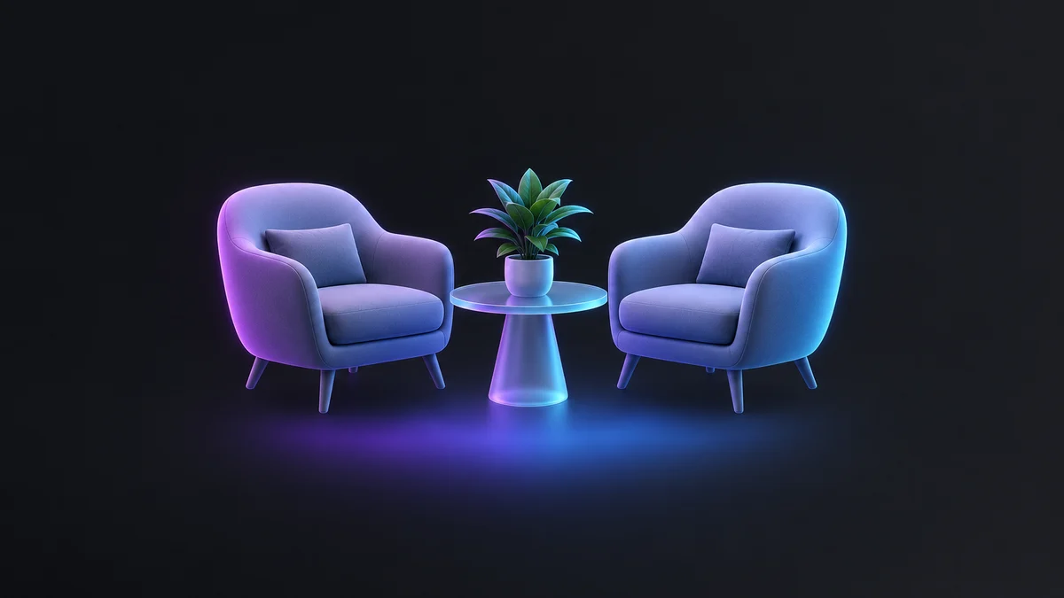 Illustration: two soft armchairs facing each other across a small glass table with a potted plant, lit in purple and blue.
