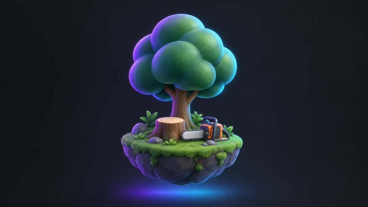 Illustration: a rounded tree on a floating island of grass, with a cut stump and a chainsaw at its base.