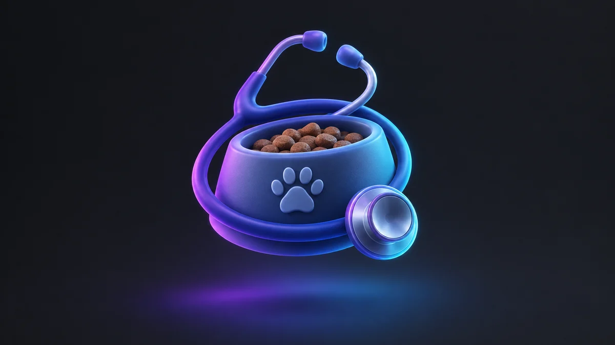 Illustration: a stethoscope curled around a pet food bowl marked with a paw print, lit in purple and blue.