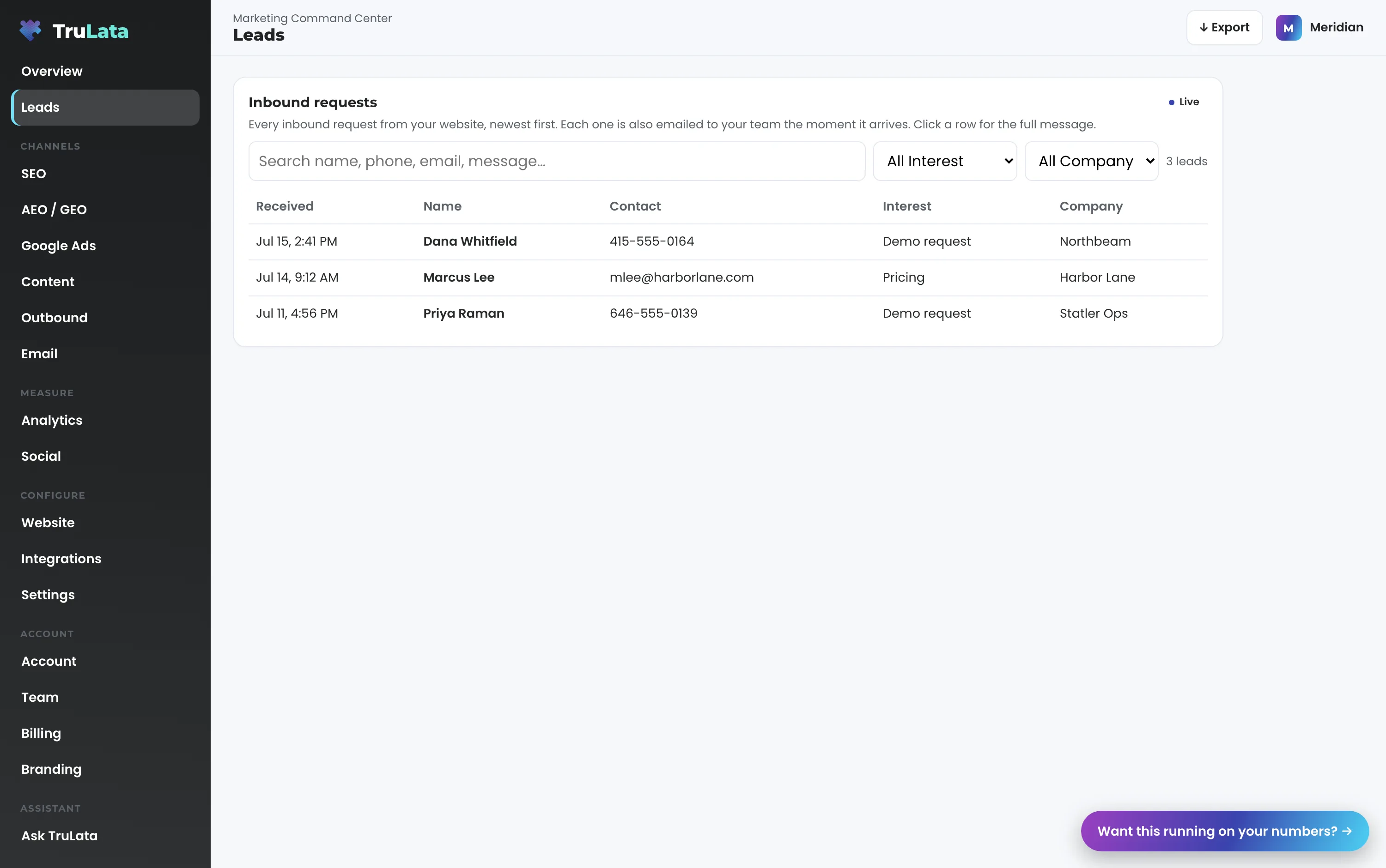 The Leads view: a table of inbound requests newest first with received time, name, contact, interest and company, a search box, interest and company filters, and a Live badge.