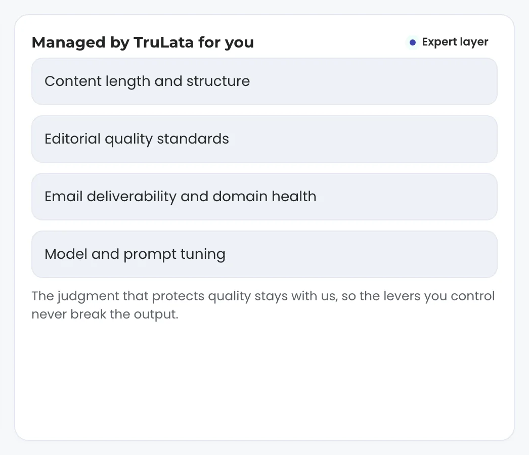 Settings card titled Managed by TruLata for you, Expert layer, listing content length and structure, editorial quality standards, email deliverability and domain health, and model and prompt tuning.