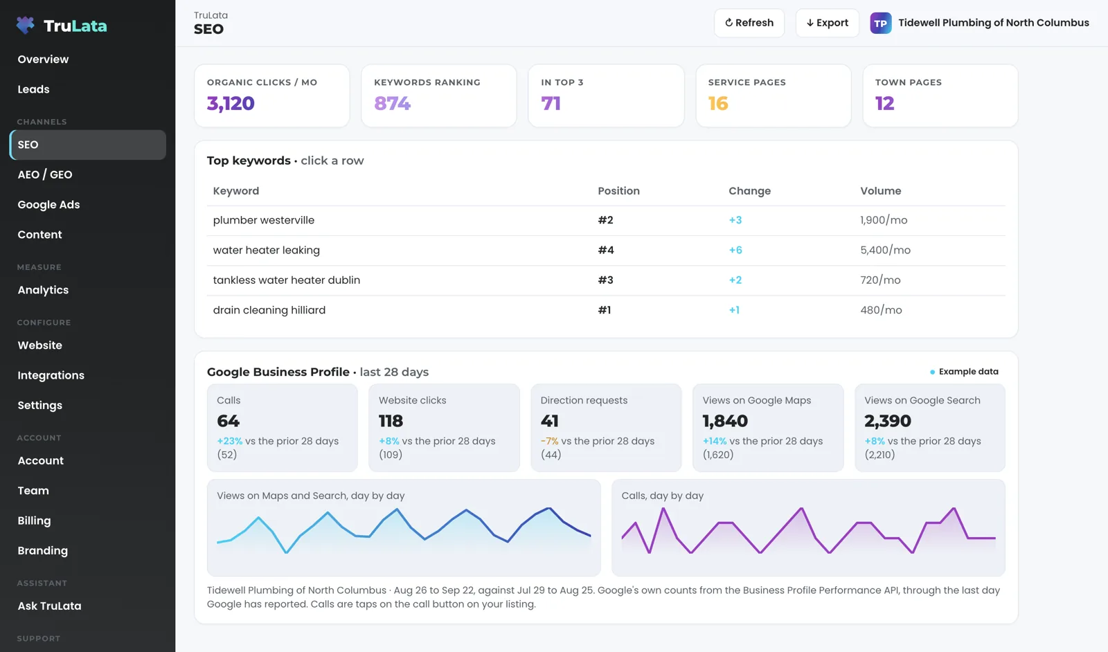 The SEO view for a fictional plumbing franchise location, Tidewell Plumbing of North Columbus: search queries for its services and suburbs, with clicks and Search Console average positions.