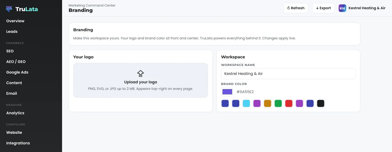 The Branding view for a fictional heating and air company: a logo upload box for PNG, SVG or JPG up to 2 MB, the workspace name, and the brand colour with a row of swatches.