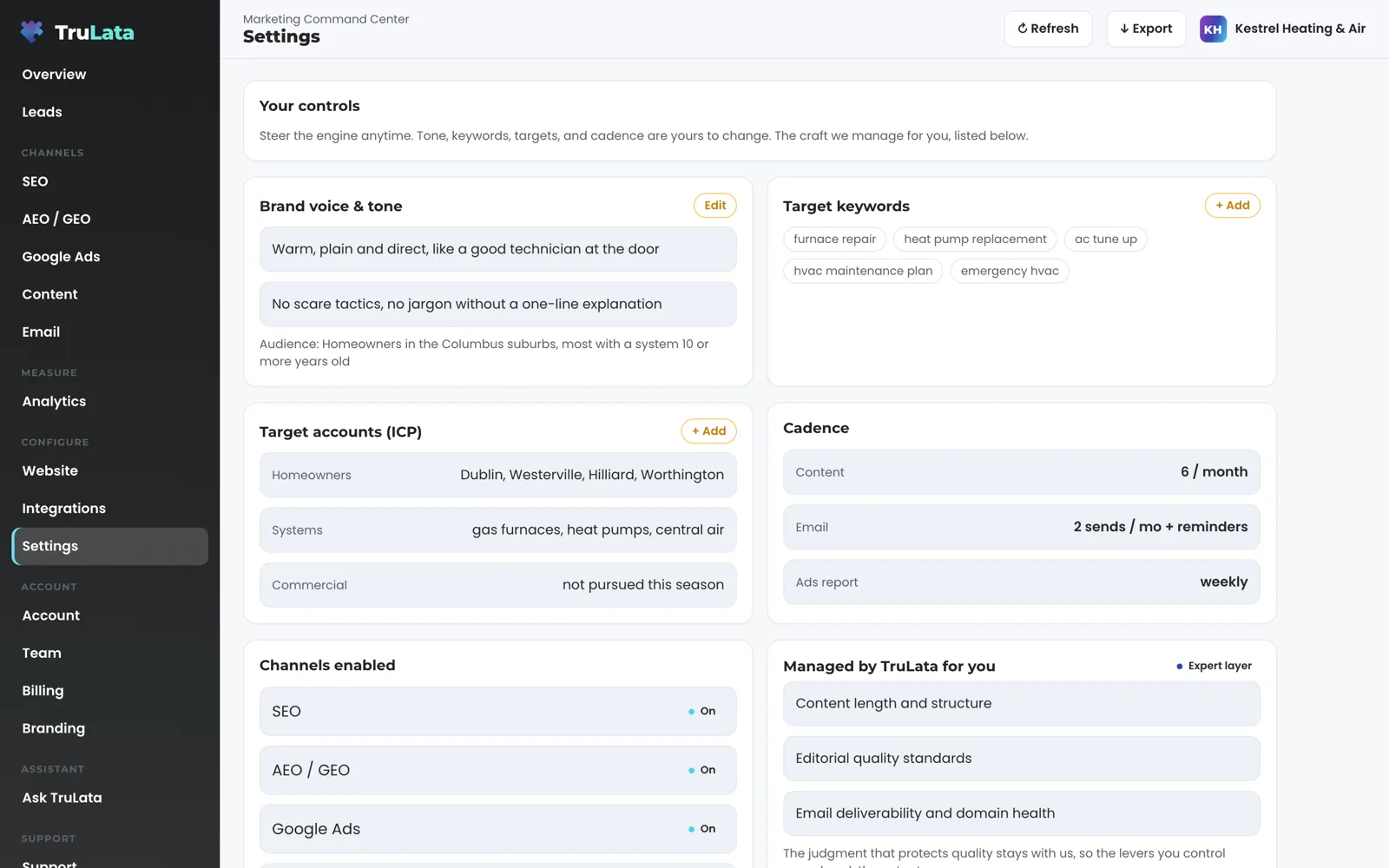 The Settings view for a fictional heating and air company: brand voice and tone, target keywords, target accounts, cadence, channels enabled, and the craft TruLata manages.