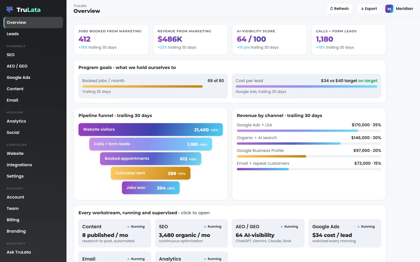 The demo's Overview for Meridian, a fictional plumbing, heating and air company: jobs booked, revenue, AI-visibility score and leads across the top, program goals, a funnel, revenue by channel, and a card for every workstream